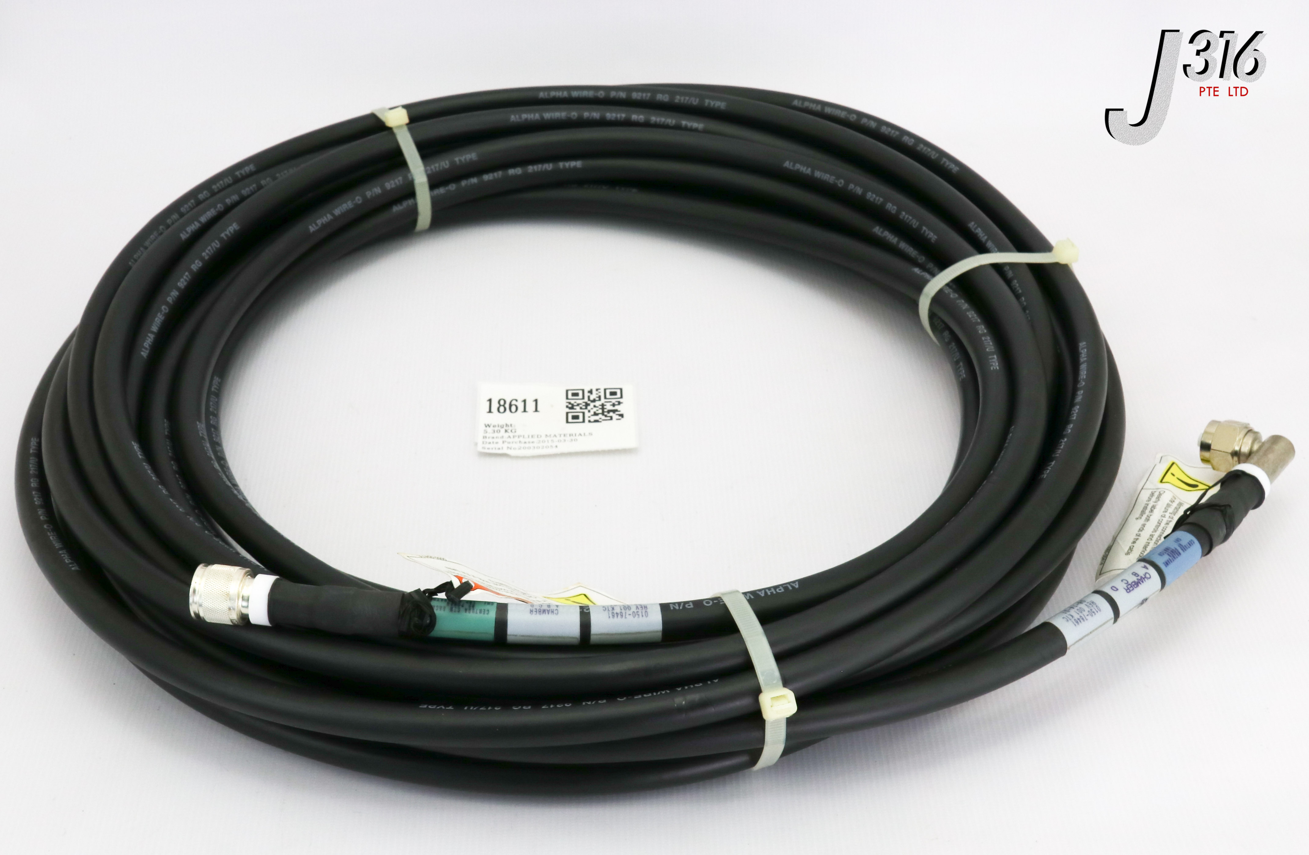 18611 APPLIED MATERIALS CABLE,RF COAXIAL 13.56MHZ W/CON, 16.90M